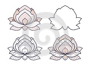 Lotus flower set vector illustration is isolated on a white background. Symmetric decorative element with east motives for design