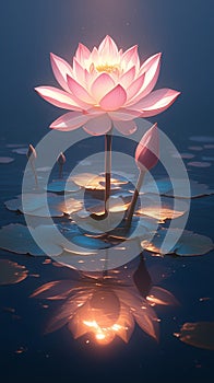 Lotus flower shining with a luminescent glow under moonlight