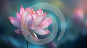 Lotus flower with a soft pink gradient, set against a blurred turquoise background, close-up