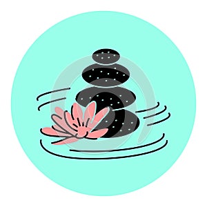 Lotus flower with spa stones black line icon.