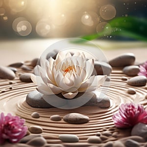 Lotus Flower With Spa Stones In Rock Garden
