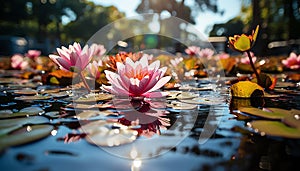 Lotus flower, vibrant colors, floating on tranquil pond generated by AI