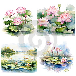 Lotus Flowers big Set. Hand drawn watercolor illustration of tropical pink waterlily and green leaves on isolated