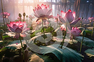 lotus flowers illuminated by sunlight, casting soft reflections