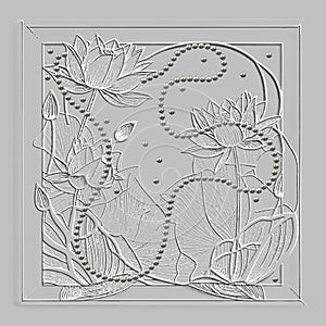 Lotus flowers lines 3d textured pattern. Jewelry embossed floral white background. Line art hand drawn surface lotus flowers,