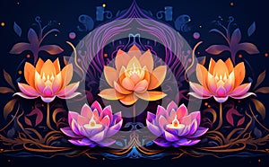 lotus flowers with lit candles on a dark background, in the style of intricate psychedelic landscapes