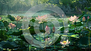 Lotus flowers in pond as rain falls