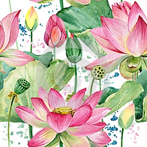 Lotus flowers seamless pattern. watercolor botanical illustration.