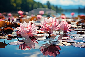 Lotus Flowers on Tranquil Waters. Serene Beauty and Calming Rhythms for Meditation and Relaxation