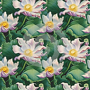 Lotus flowers watercolor seamless pattern design. Water lilies floral nature decorative vintage background.