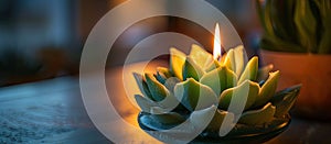 A lotus flowershaped green candle decorates a table