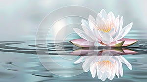 A lotus in full bloom, its gentle hues reflected in the tranquil water, a symbol of purity and enlightenment, perfect
