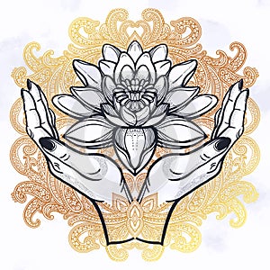 Lotus in hands .
