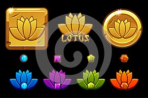 Lotus icon cartoon style, gold lotos on coin, different variation and colors.