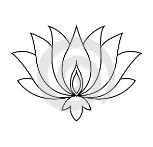 Lotus icon. Monochrome blooming flower. Black linear petals of plant on white background. Blossom, aquatic plant vector