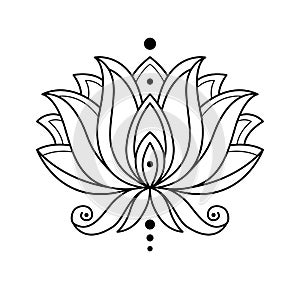 Lotus icon. Monochrome blooming flower. Hand drawn lotos flower illustration isolated on white background. Black linear