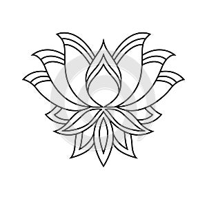 Lotus icon. Monochrome blooming flower. Hand drawn lotos flower illustration isolated on white background. Black linear