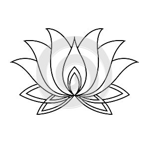 Lotus icon. Monochrome blooming flower. Hand drawn lotos flower illustration isolated on white background. Black linear