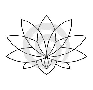 Lotus icon. Monochrome blooming flower. Hand drawn lotos flower illustration isolated on white background. Black linear