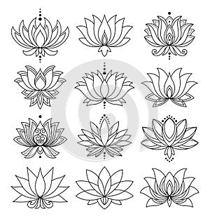 Lotus icons set. Blooming flowers. Monochrome blooming plants, various petals black and white symbols. Blossom, aquatic