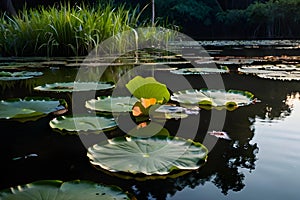 Lotus leaves float in the middle of the pond in the evening, reflecting the trees