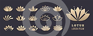 Lotus logo set. Yoga meditation, wellbeing and relaxation symbols. Golden simple flowers, healthcare and lifestyle