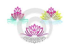 Lotus logo, woman yoga, beauty flower massage, pretty spa sense, reflection wellness, and natural relax concept design.