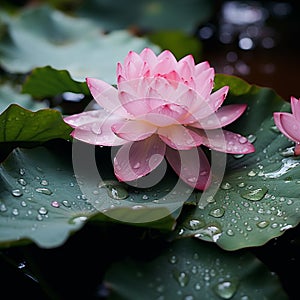 Lotus Pink Rain. A Heavy Downpour of Scenic Leaves. Generative AI Illustration.