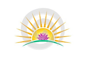 Lotus plant in sunrise logo vector image. lotus person, purity concept