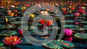 The lotus pond comes alive with a stunning display of colorful flower eruptions photo