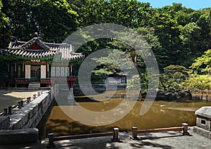 Lotus pond and pavilion at the Huwon park Secret Garden.  Changdeokgung palace photo