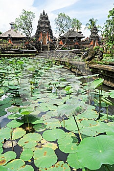 Lotus pond and Pura Saraswati temple in Ubud, Bali