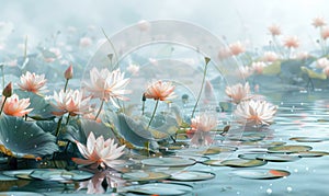 Lotus pond scene, where delicate pink and white lotus flowers desktop wallpaper, Generate AI photo