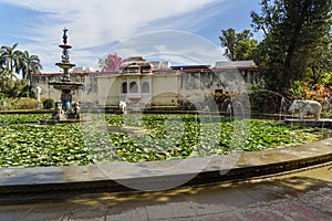 Lotus pool and marble elephants in Saheliyon ki Bari gardens or Courtyard of the Maidens in Udaipur. India