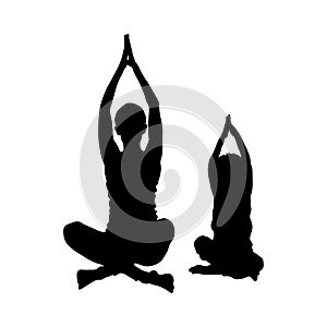 Lotus position, Padmasanu, yoga exercise. Vector silhouette woman and child isolated white background. Mom and son are doing yoga