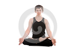 Lotus posture with fingers in yogic gesture Chin Mudra