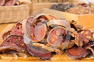 Lotus Root with Dry out on wooden table photo