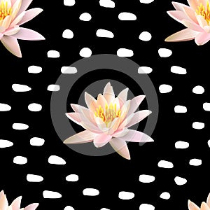 Lotus seamless pattern on black background with dots.