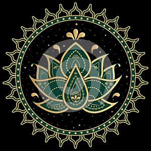 Lotus symbol mandala. Folk ornament with ancient Hindu mantra.