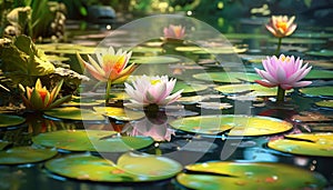 Lotus water lily, pink flower head floating on pond generated by AI