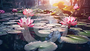 Lotus water lily, pink flower head floating on water generated by AI