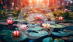 Lotus water lily, pink flower head floating on water generated by AI