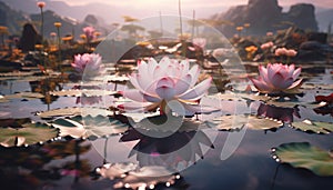 Lotus water lily, pink flower head reflects on pond generated by AI