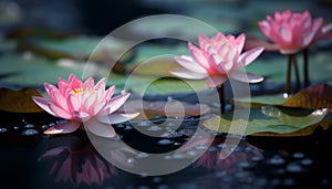 Lotus water lily, pink flower head reflects tranquility generated by AI