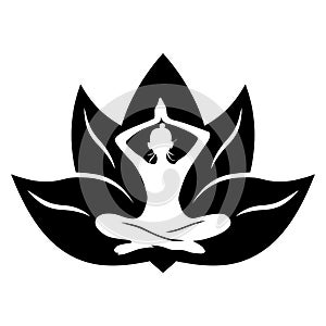 Lotus Yoga Logo Icon Black and White Drawing Vector photo