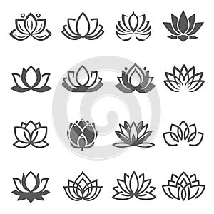 Lotuses  nelumbos black line and bold icons set isolated on white. Blooming flowers pictograms