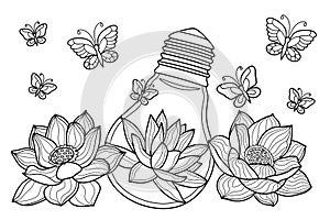 Lotuses and water lilies with butterflies and a large light bulb.