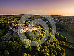 Loubressac village drone view at sunset in France