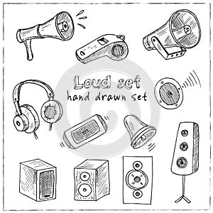 Loud hand drawn doodle set. Isolated elements on white background. Symbol collection.