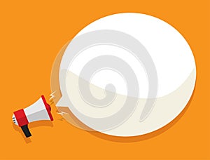 Loud megaphone message template with blank empty bubble speech announcement vector flat cartoon illustration in orange